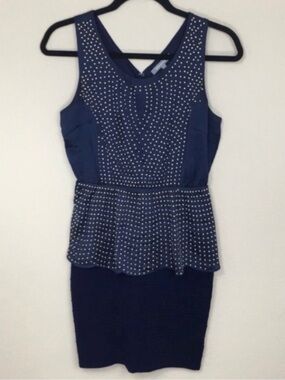 Wow Couture Womens Navy Gold Studded Stretch Peplum Mini Dress Party Glam Size S